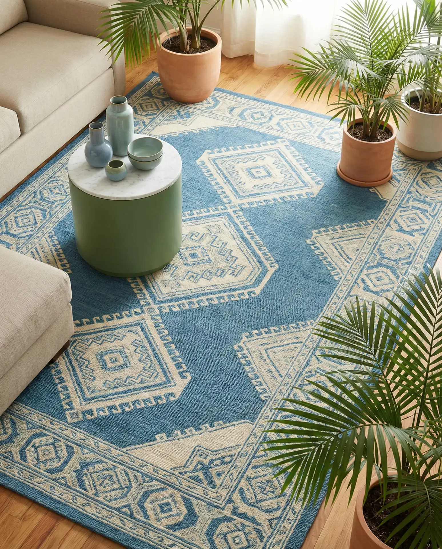 Azure Blue Rug with Fern Green Side Tables 1
