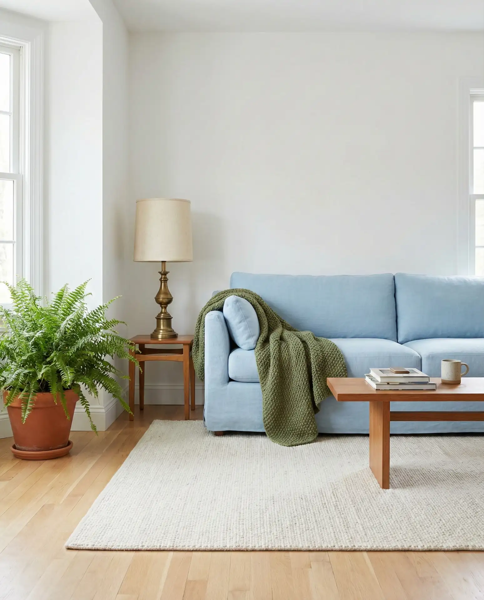 Baby Blue Sofa with Moss Green Throw Blankets 1