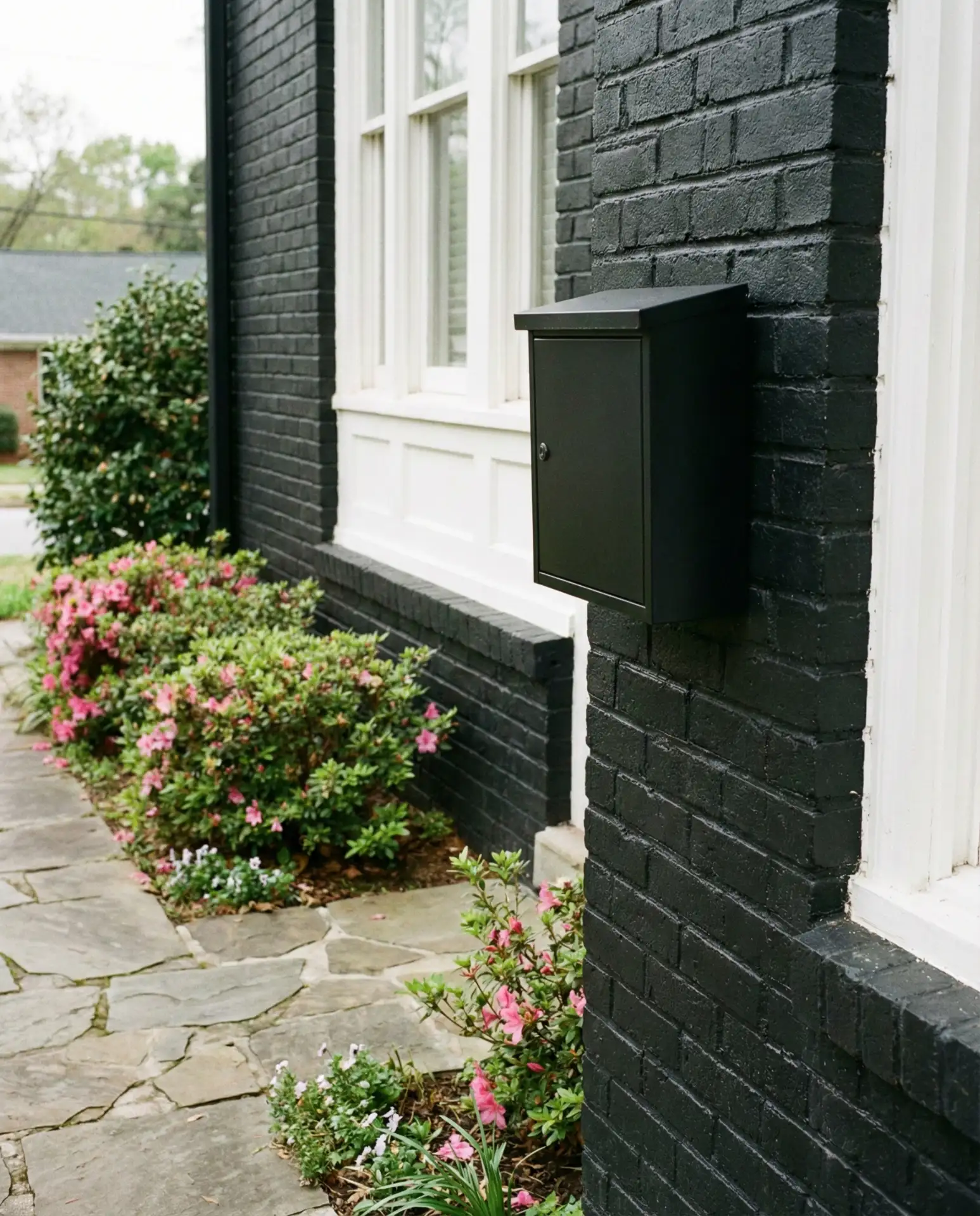 Black Brick Ranch with White Window Frames 1
