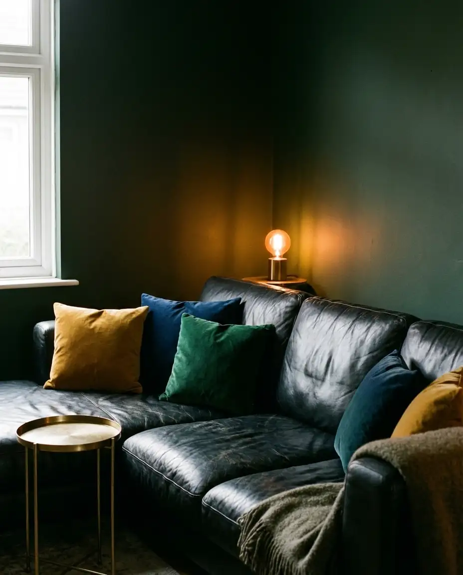Black Leather Sectional in a Moody Interior 2