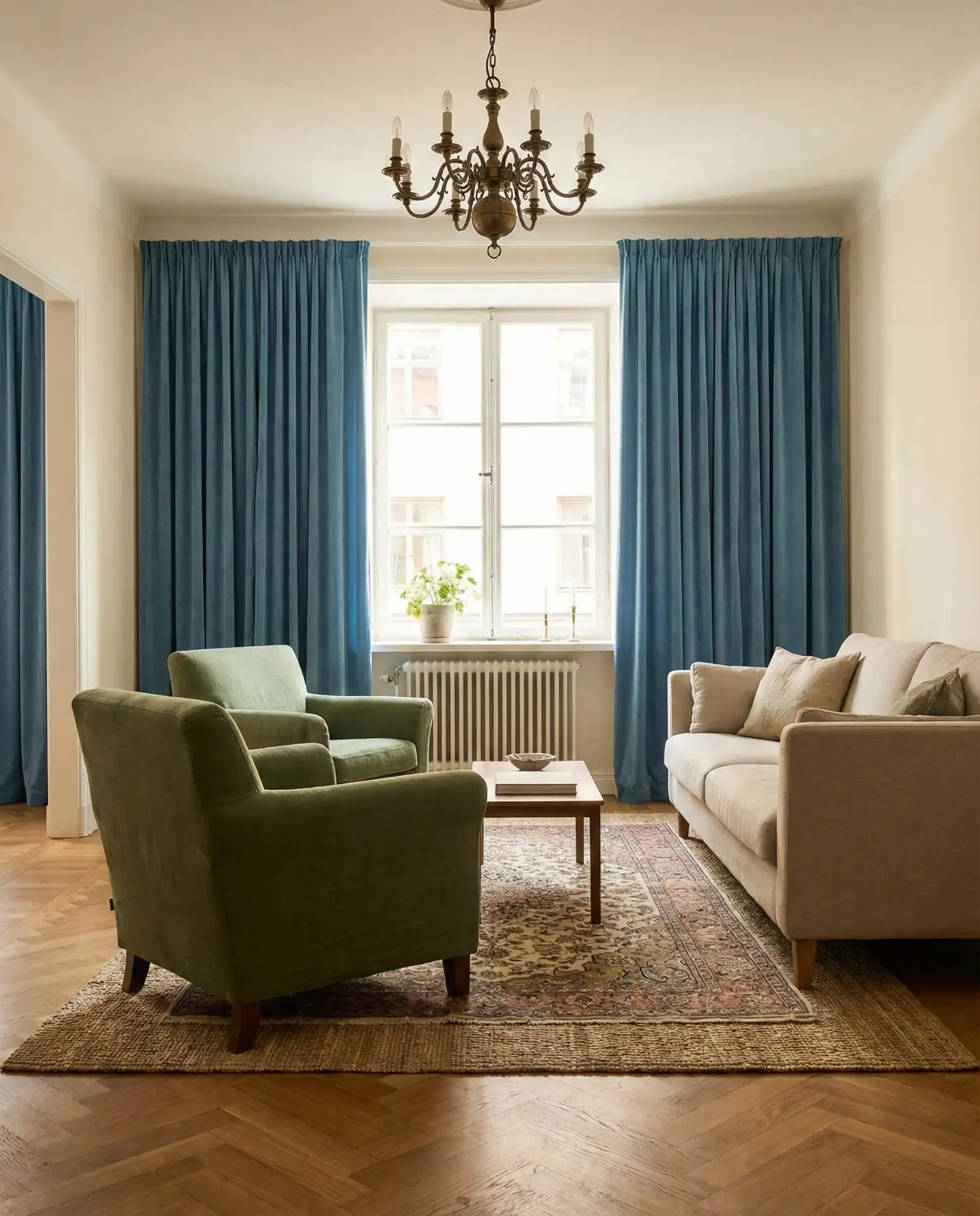 Cerulean Blue Drapes with Moss Green Armchairs 1