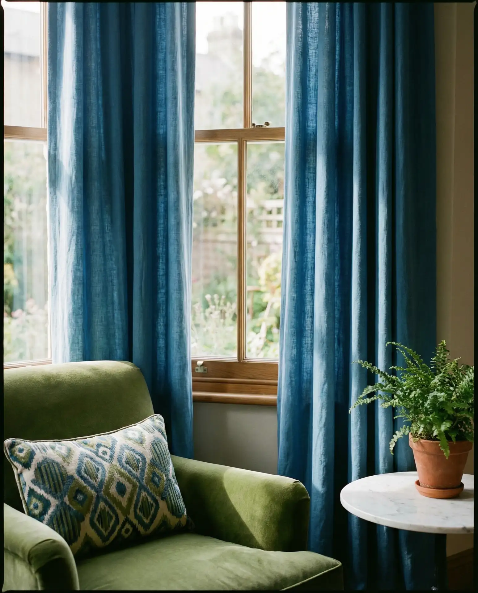 Cerulean Blue Drapes with Moss Green Armchairs 2