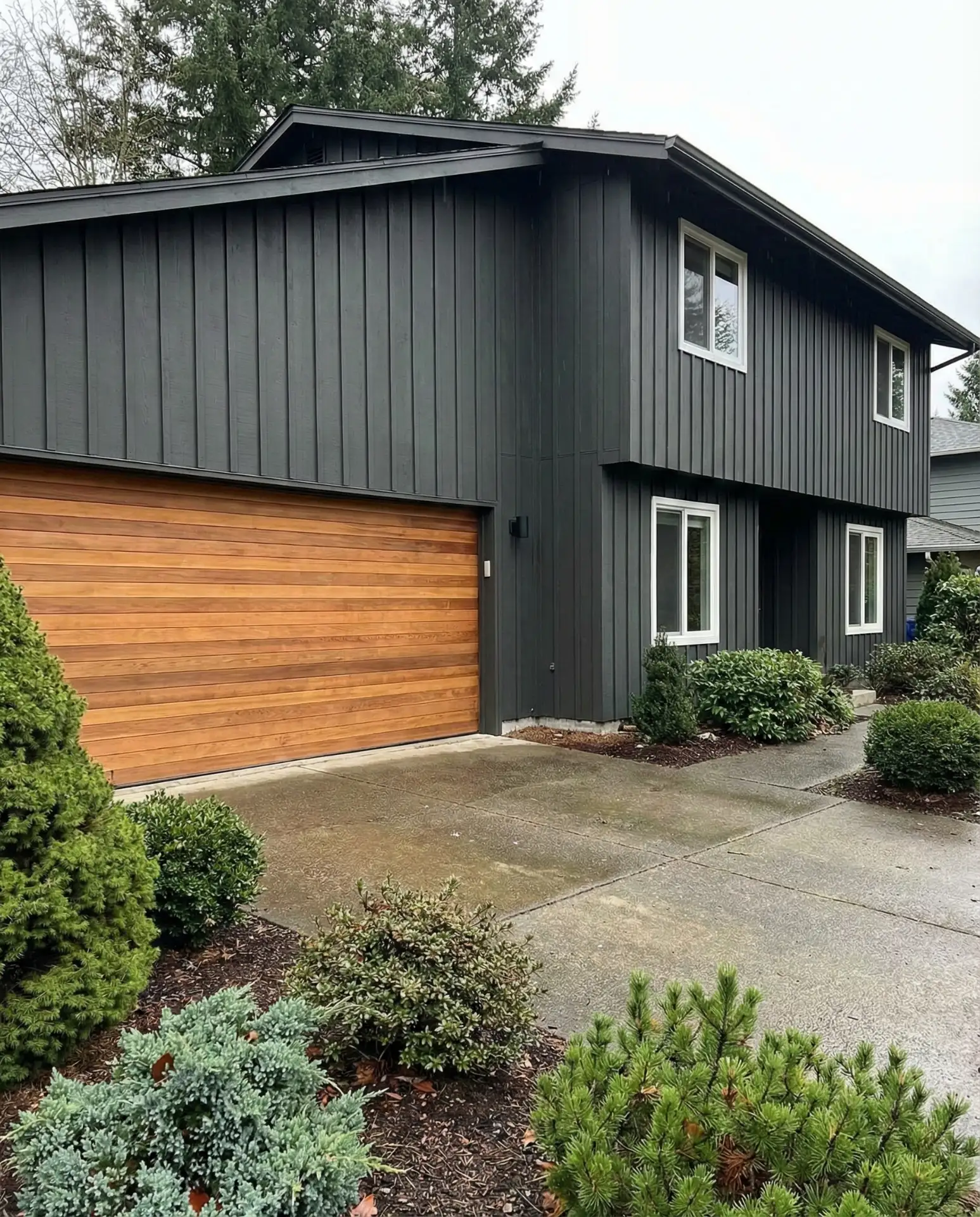 Charcoal with White Windows and Natural Wood Garage Door 1