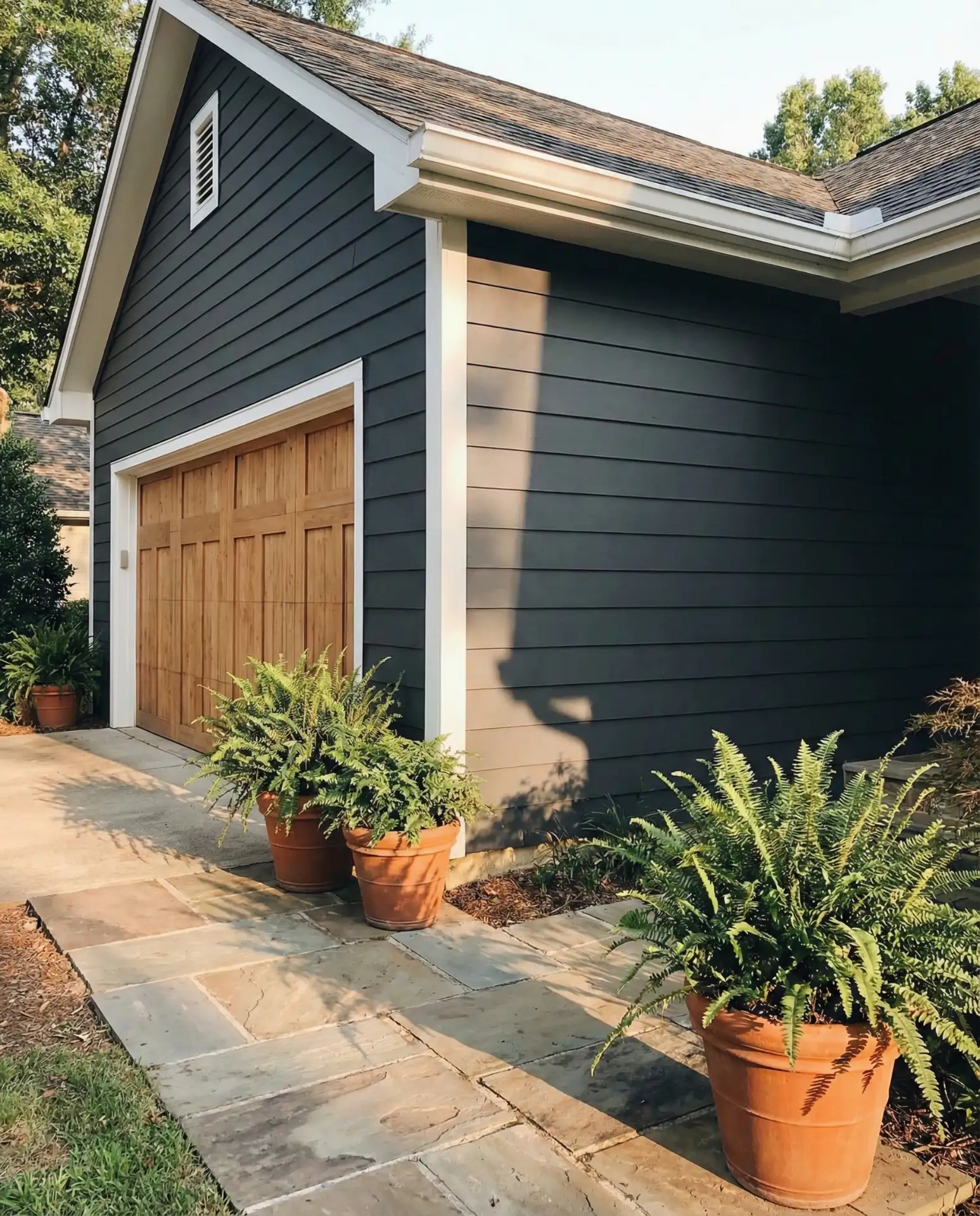 Charcoal with White Windows and Natural Wood Garage Door 2