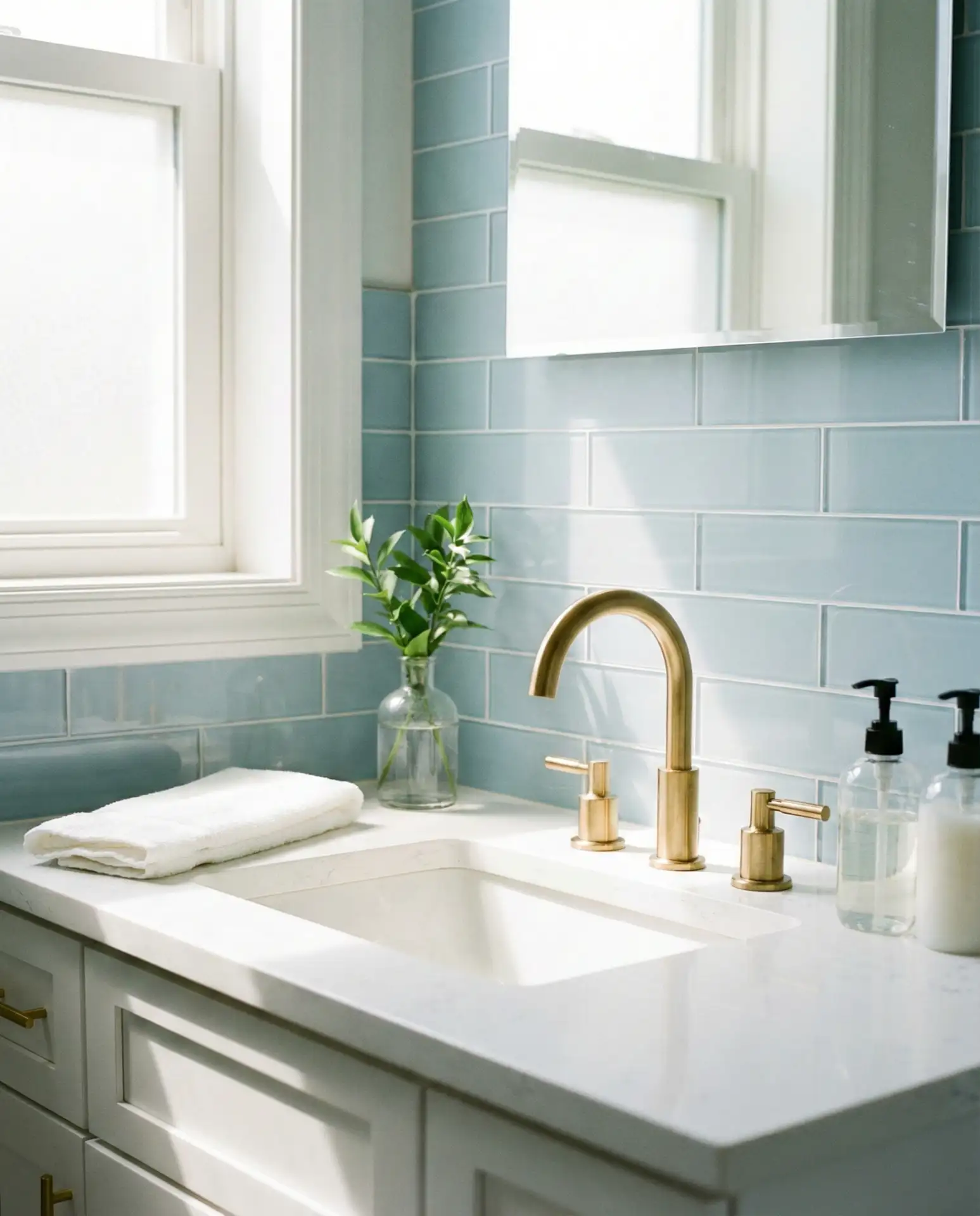 Coastal Blue Subway Tiles with White Fixtures 2