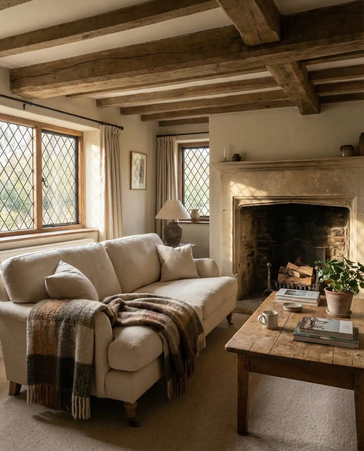 Cozy English Cottage Living Room with Soft Textures 1