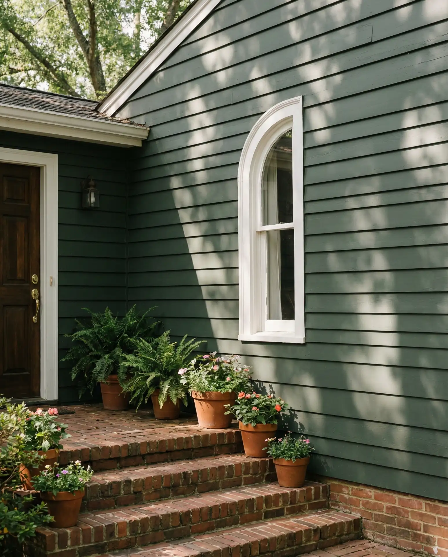 Dark Green Cottage with White Windows and Brick Accents 2