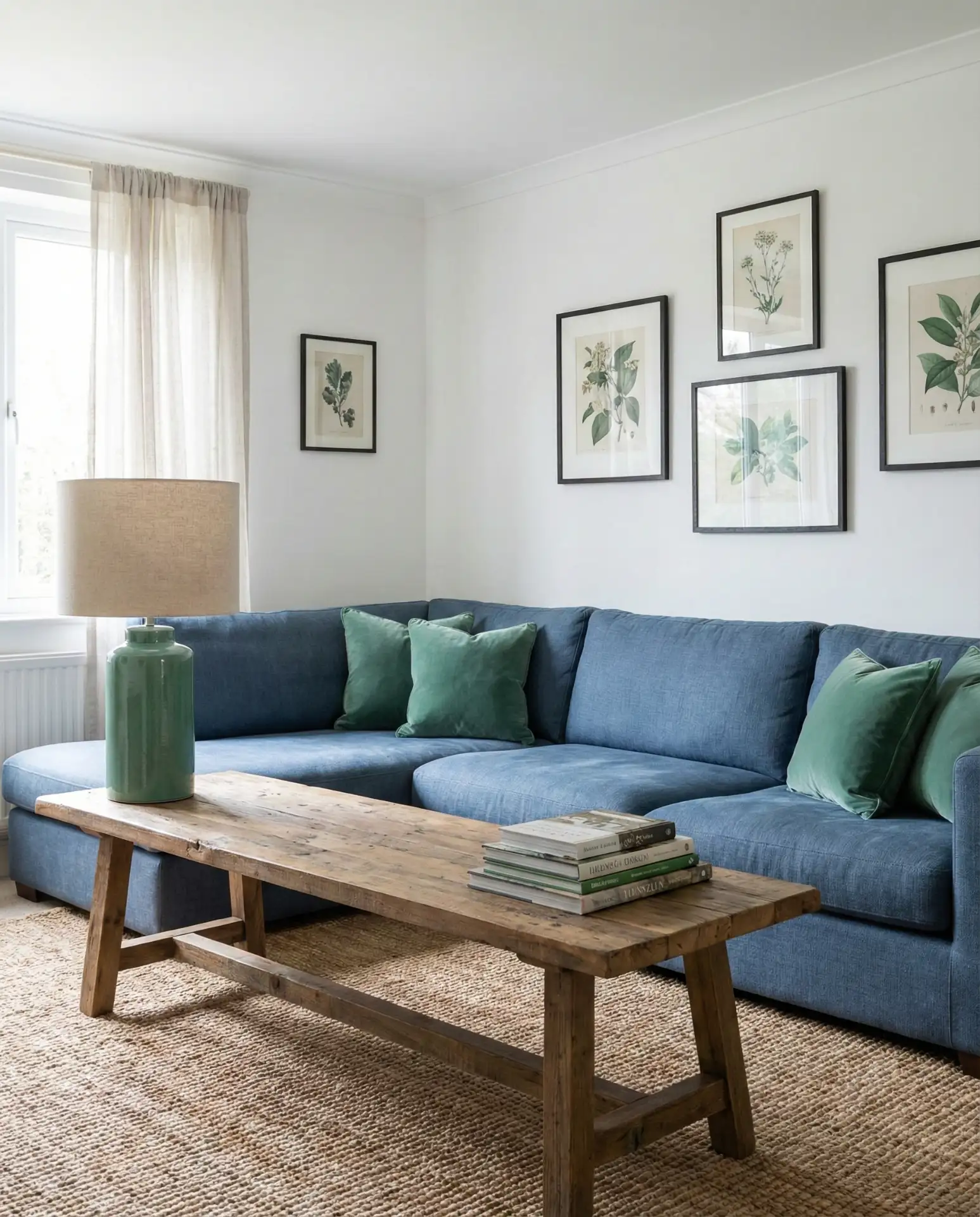 Denim Blue Sectional with Jade Green Accessories 1