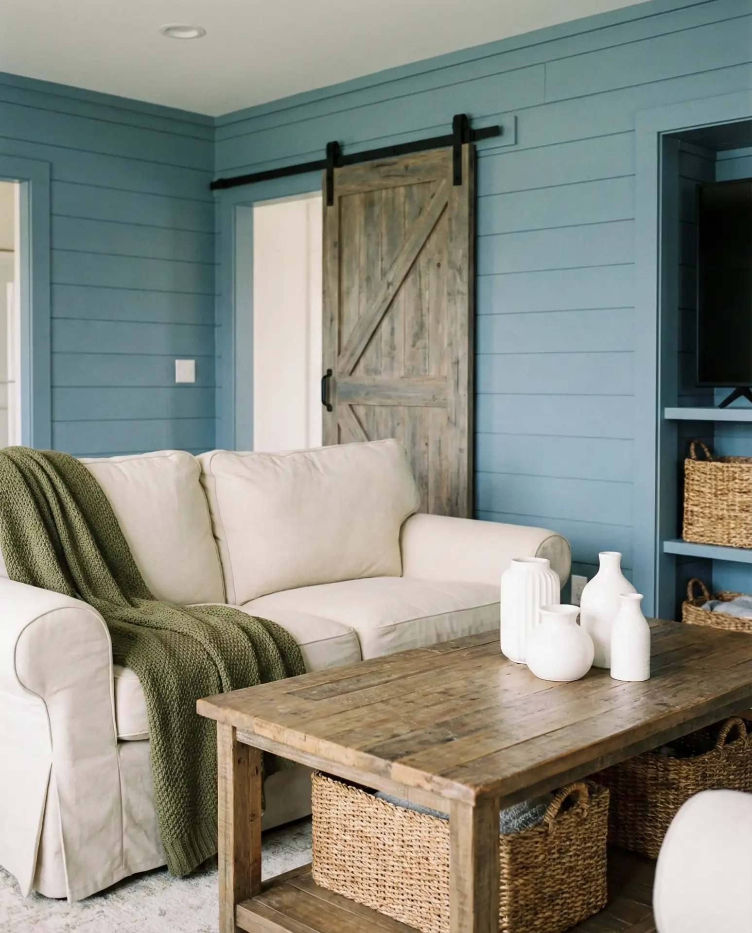 Farmhouse Blue with Olive Green Textiles 1