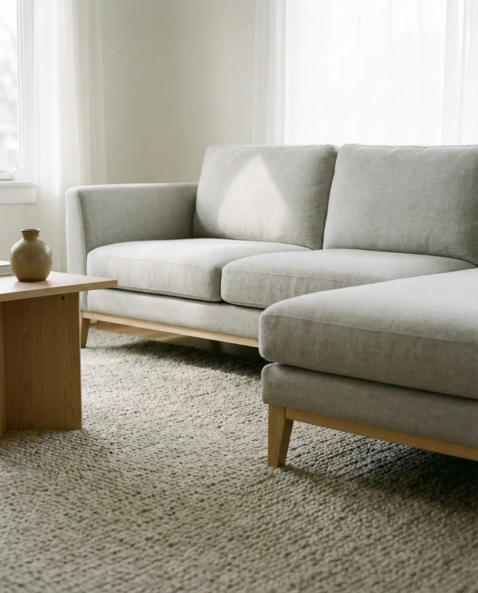Gray Linen Sectional in a Scandinavian Space 2
