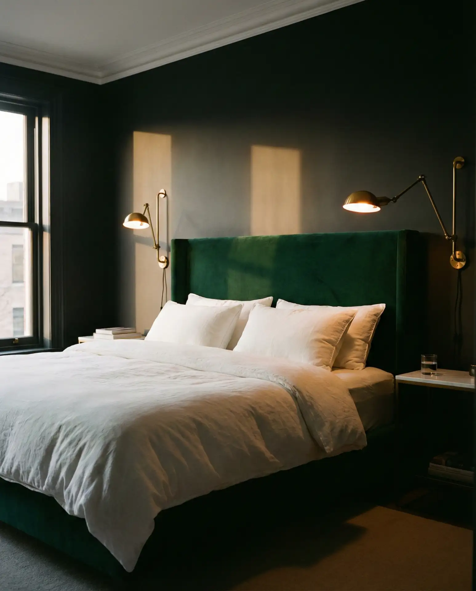 Green Velvet Headboard with Brass Wall Sconces 1