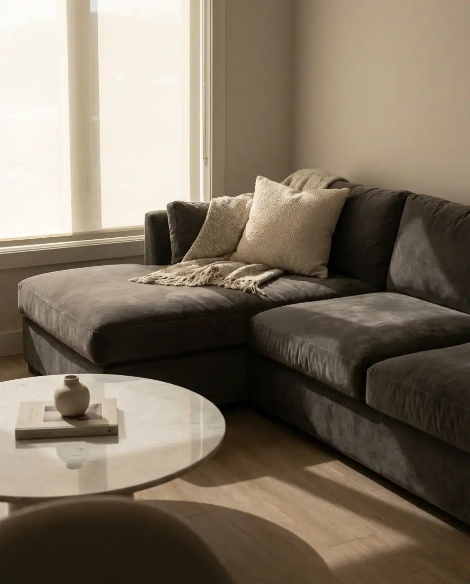 Grey Velvet Sectional in a Neutral Palette 2