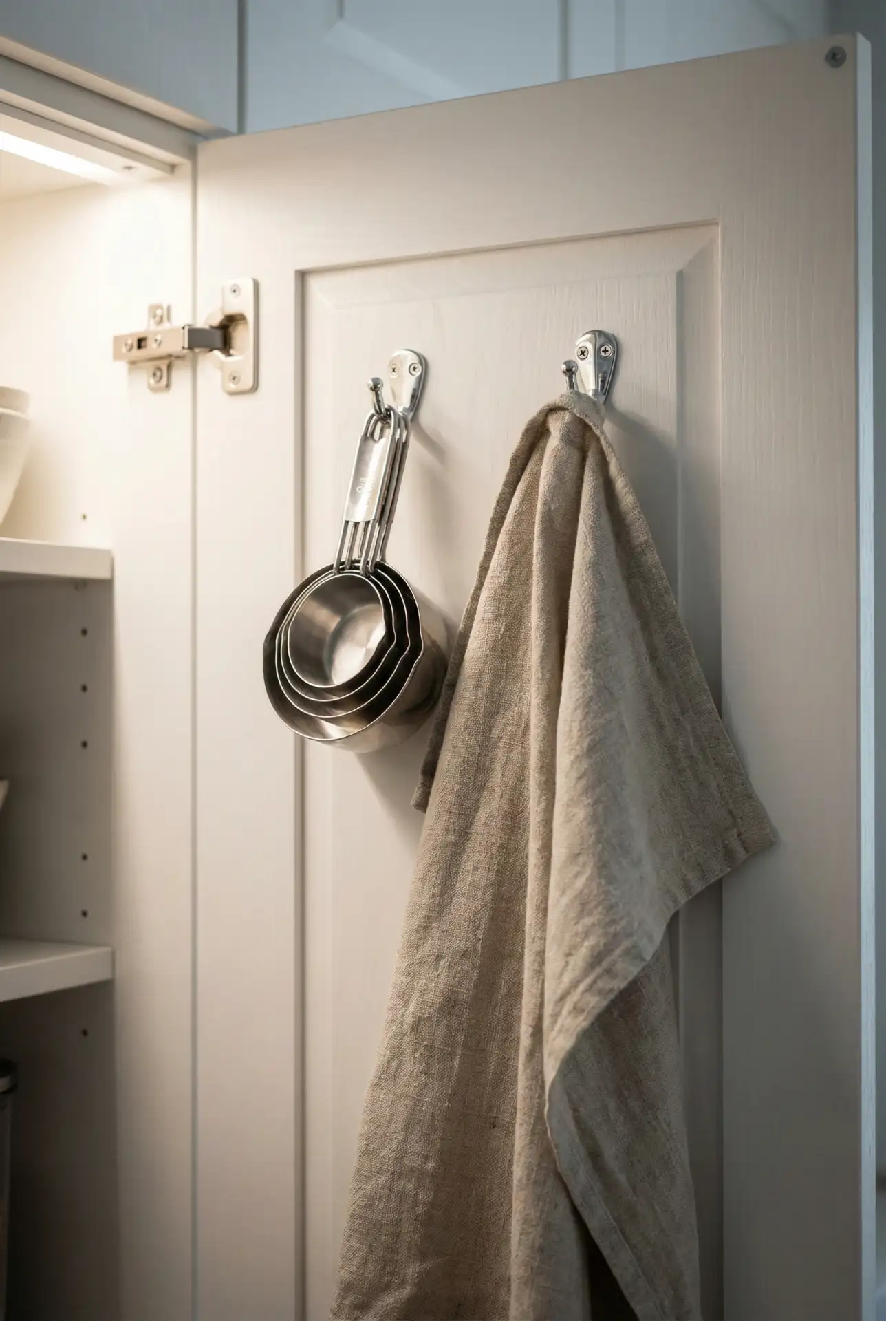 Hooks Inside Doors for Measuring Cups and Aprons 1