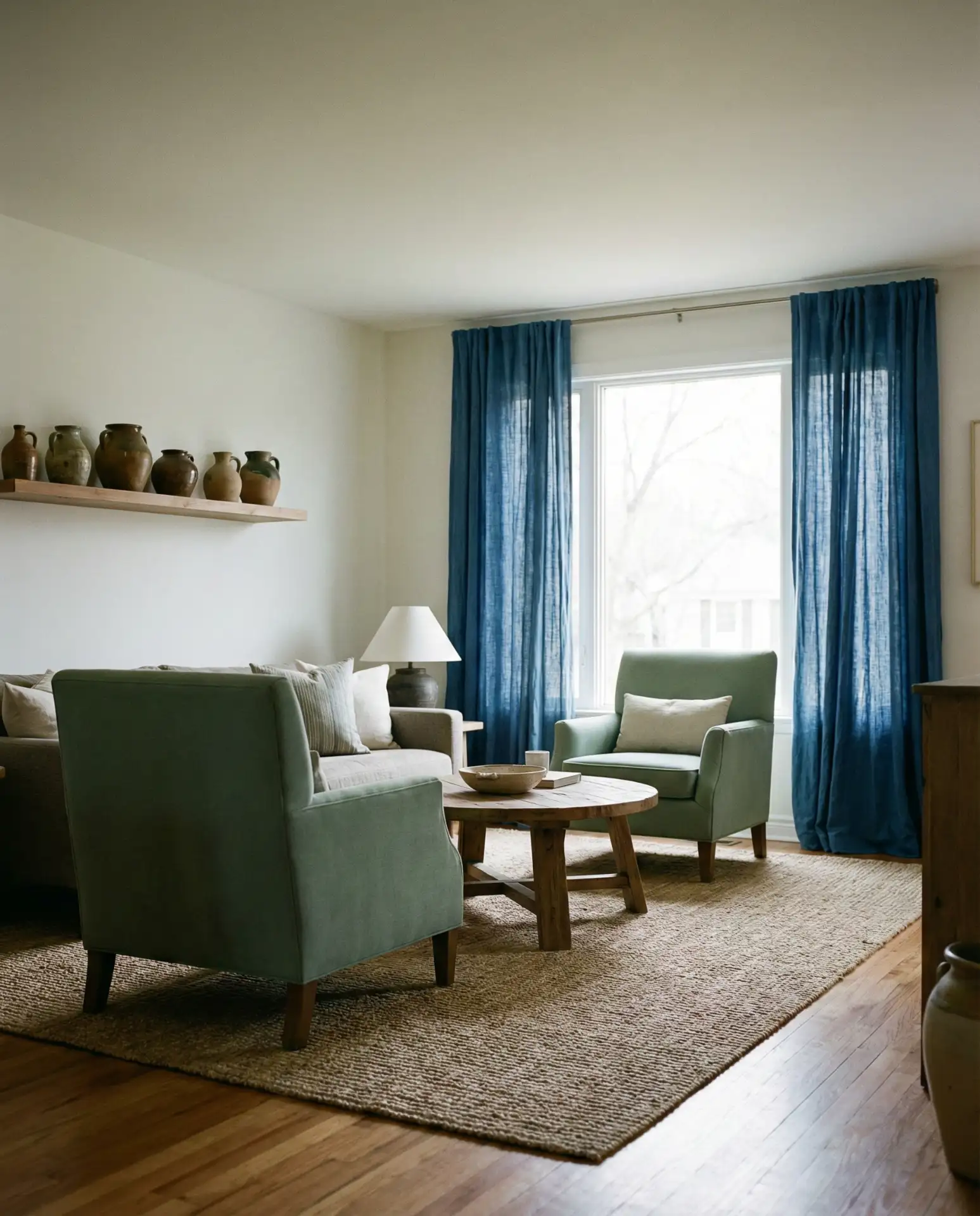 Indigo Curtains with Celadon Green Furniture 1