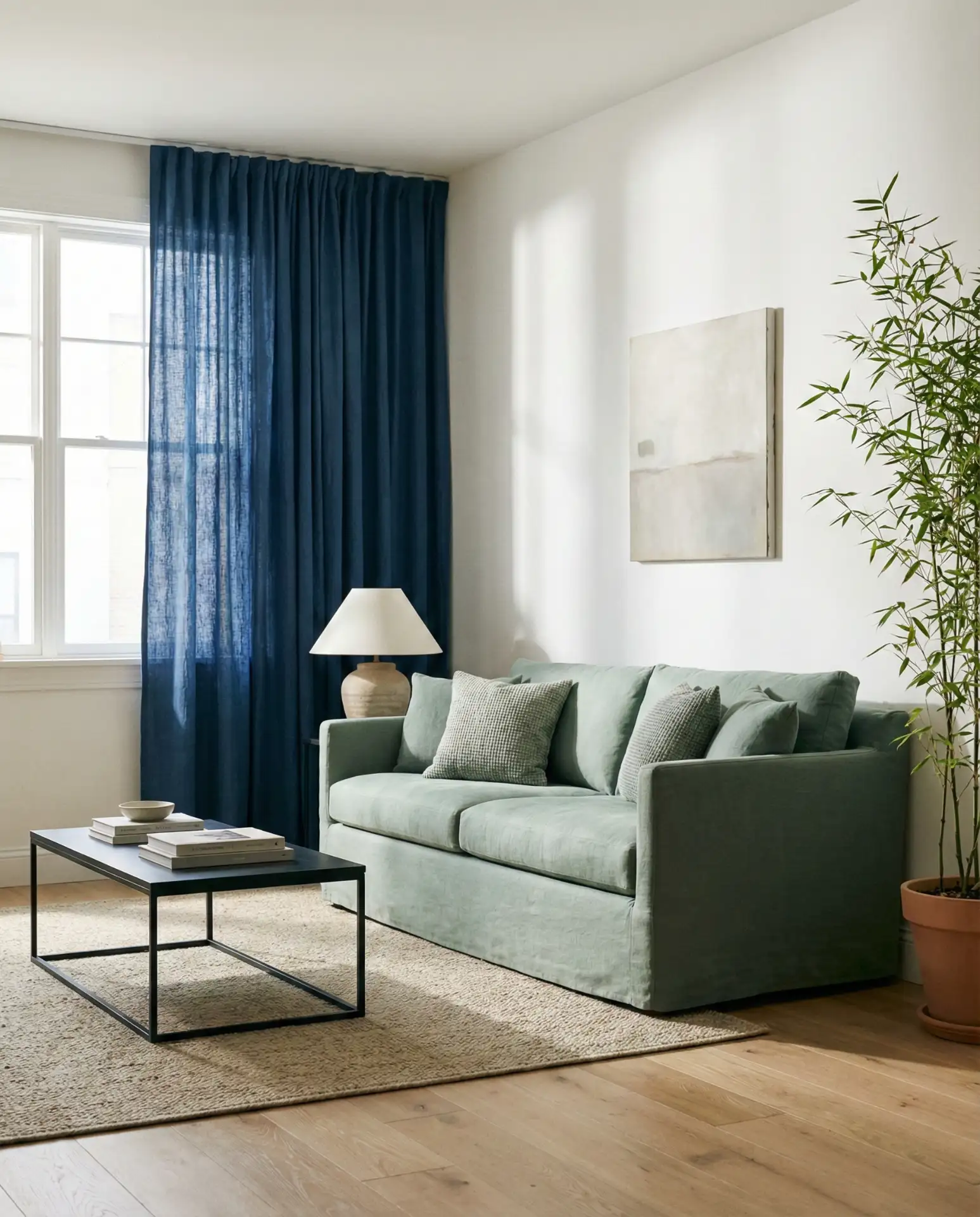 Indigo Curtains with Celadon Green Furniture 2