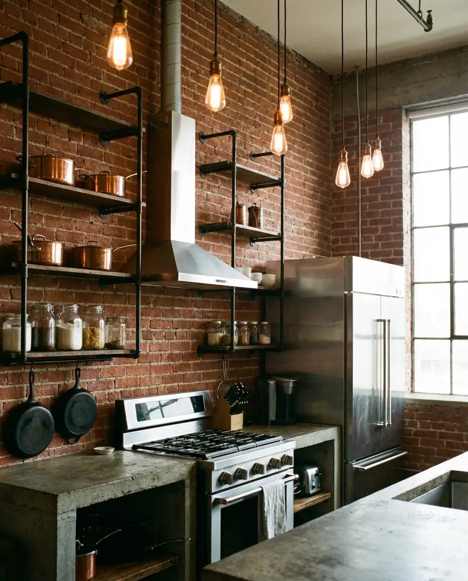 Industrial Exposed Brick and Metal Shelving 1