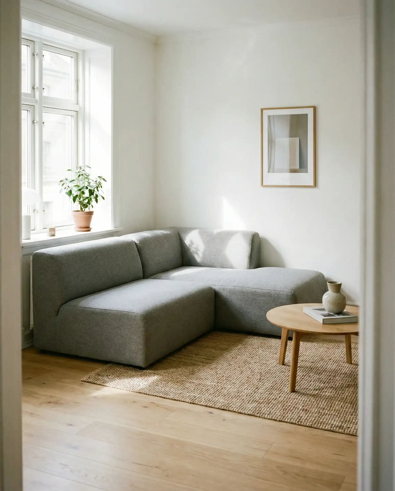 Light Gray Sectional with Warm Wood Tones 1