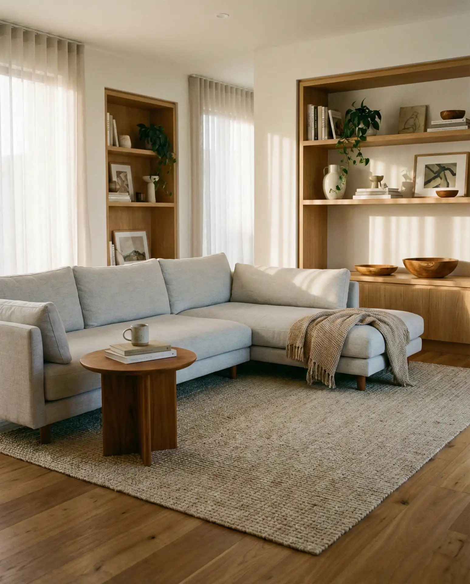 Light Gray Sectional with Warm Wood Tones 2