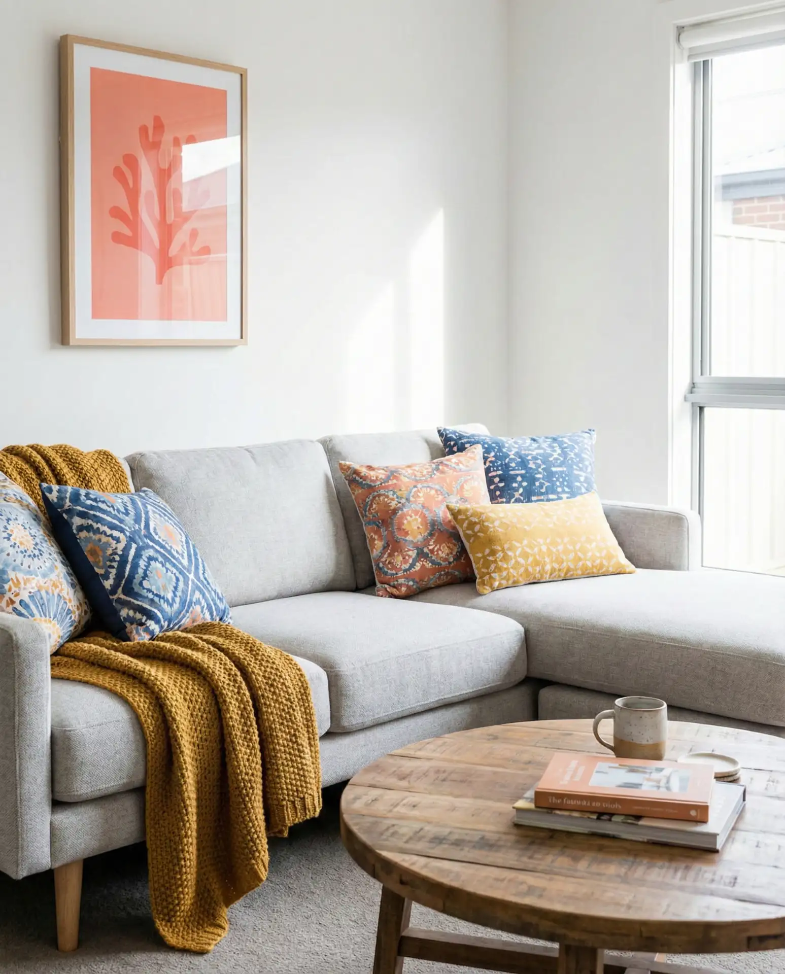 Light Grey Sectional with Pops of Color 1