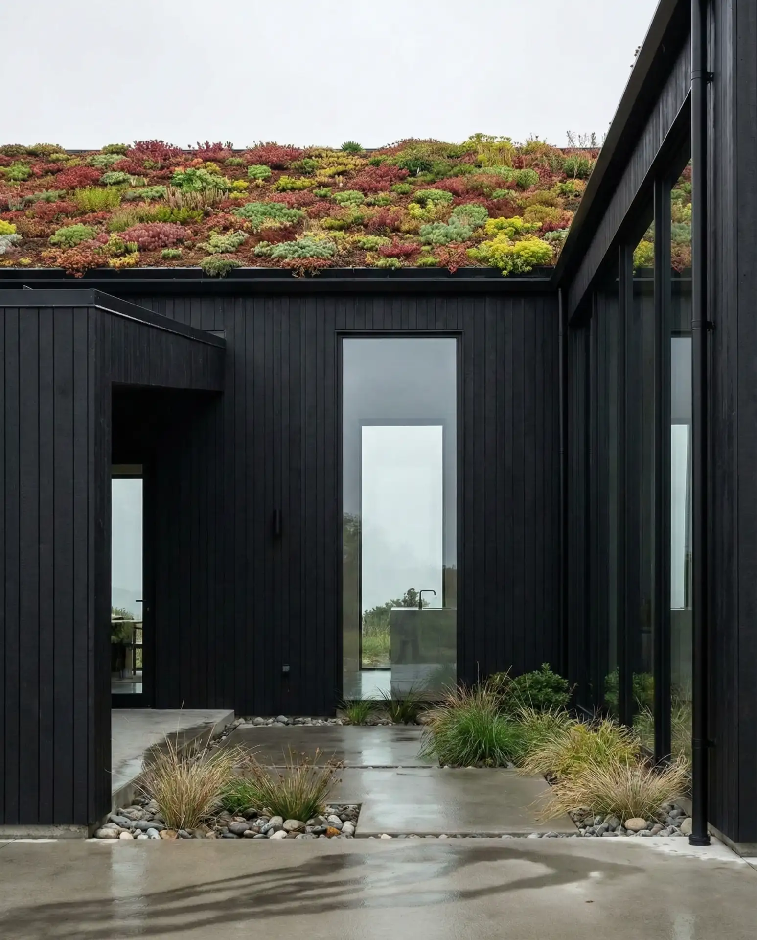 Matte Black Modern with Green Roof Accents 2