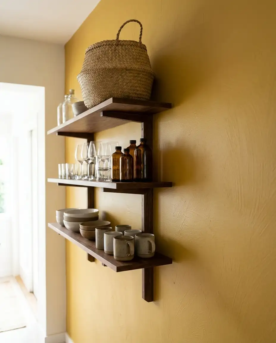 Mustard Accent Walls Behind Open Shelving 1