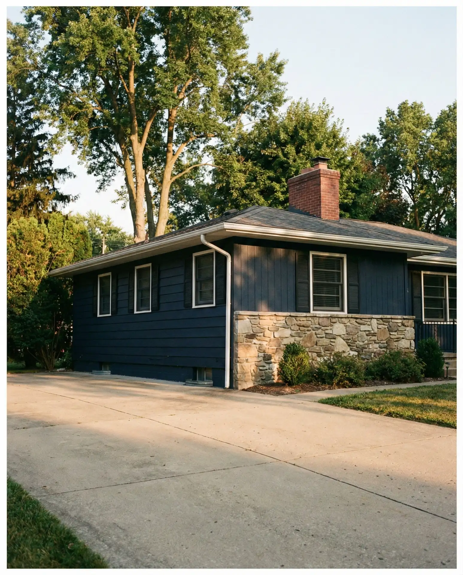 Navy Blue Ranch with Stone Foundation 1