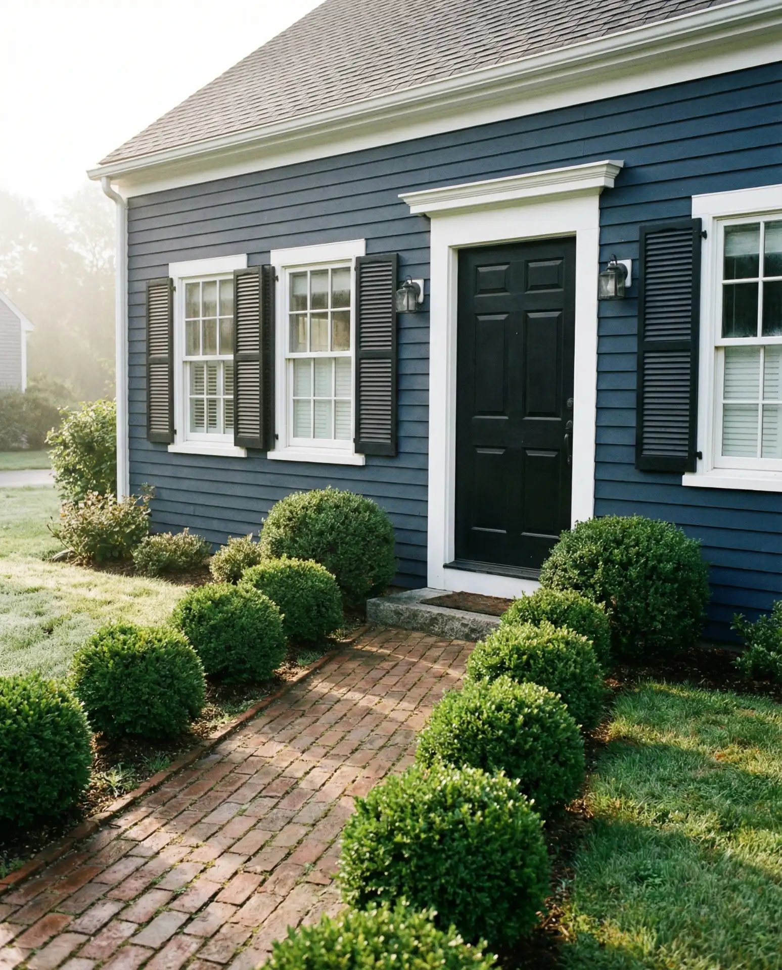 Navy Blue with White Trim and Black Shutters 1