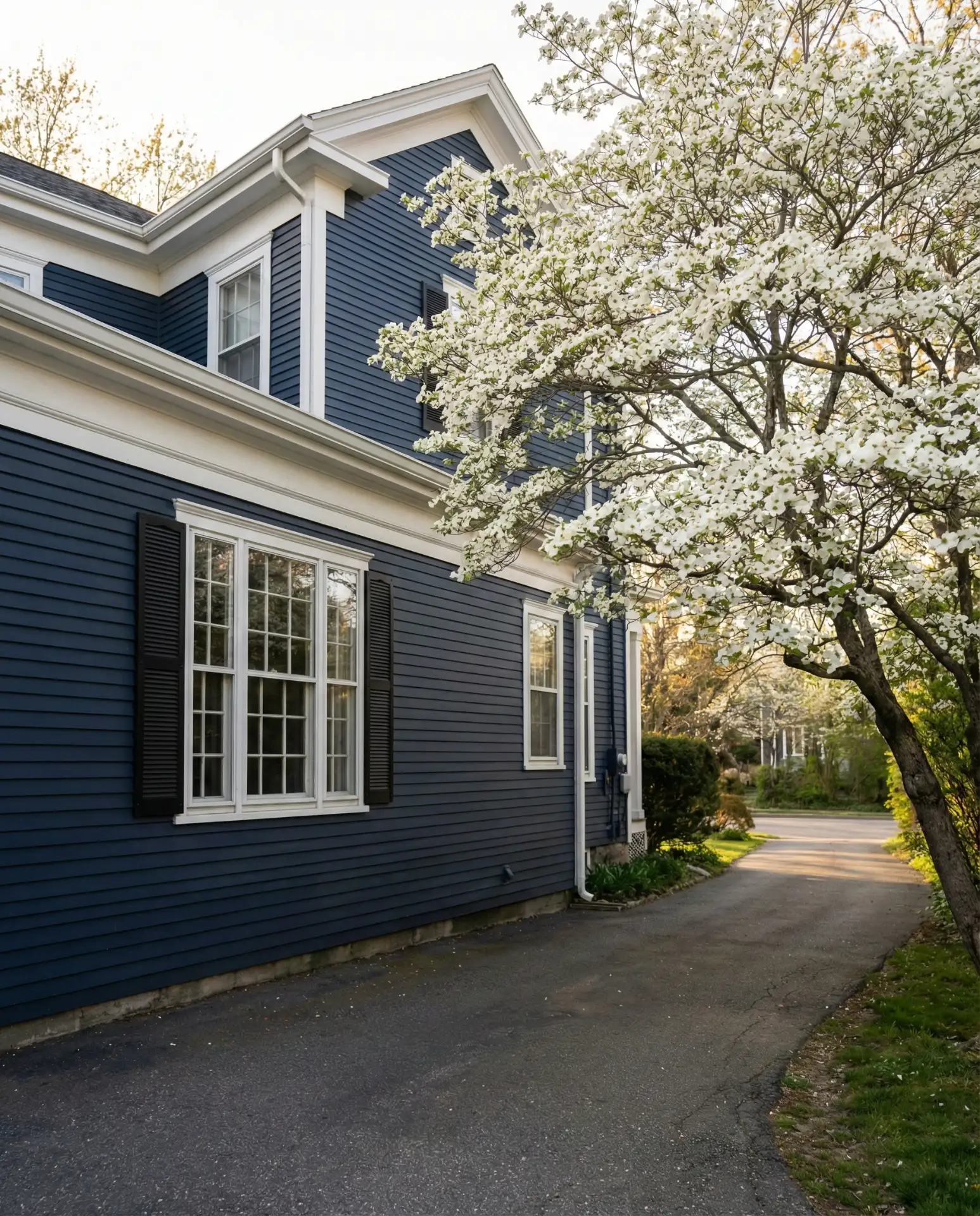 Navy Blue with White Trim and Black Shutters 2