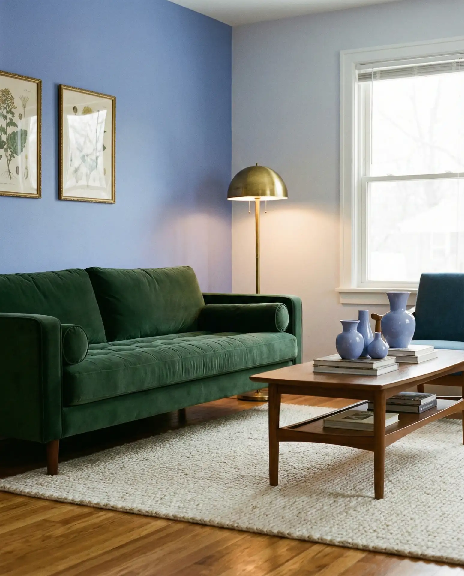 Periwinkle Accent Wall with Hunter Green Sofa 1