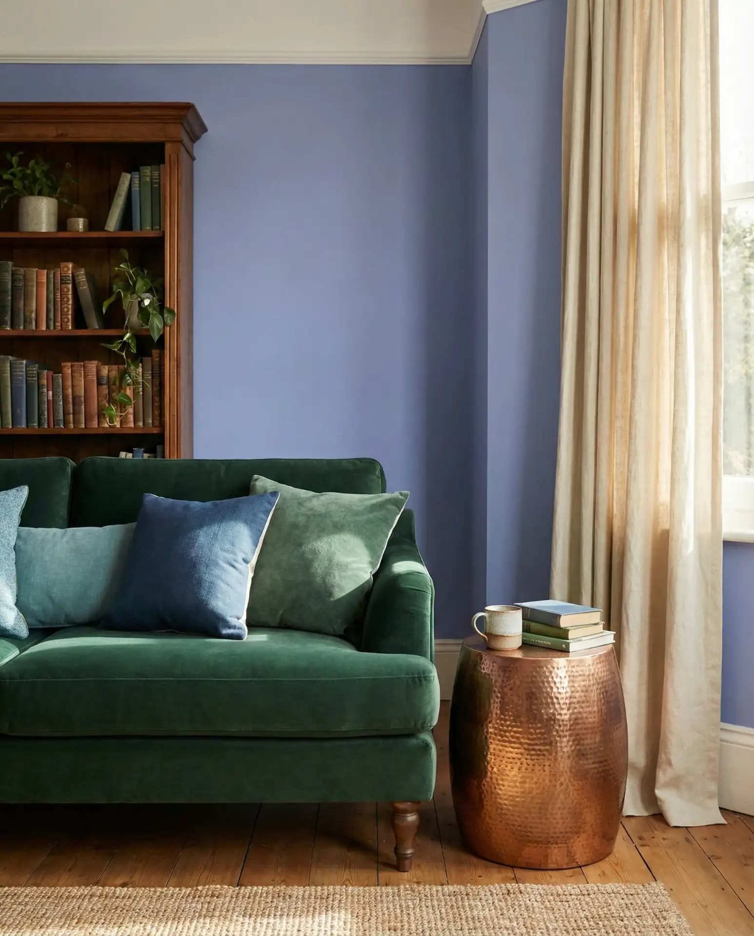 Periwinkle Accent Wall with Hunter Green Sofa 2