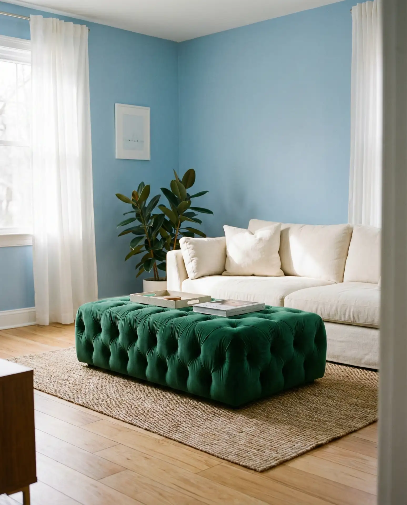 Powder Blue Walls with Emerald Velvet Ottoman 2