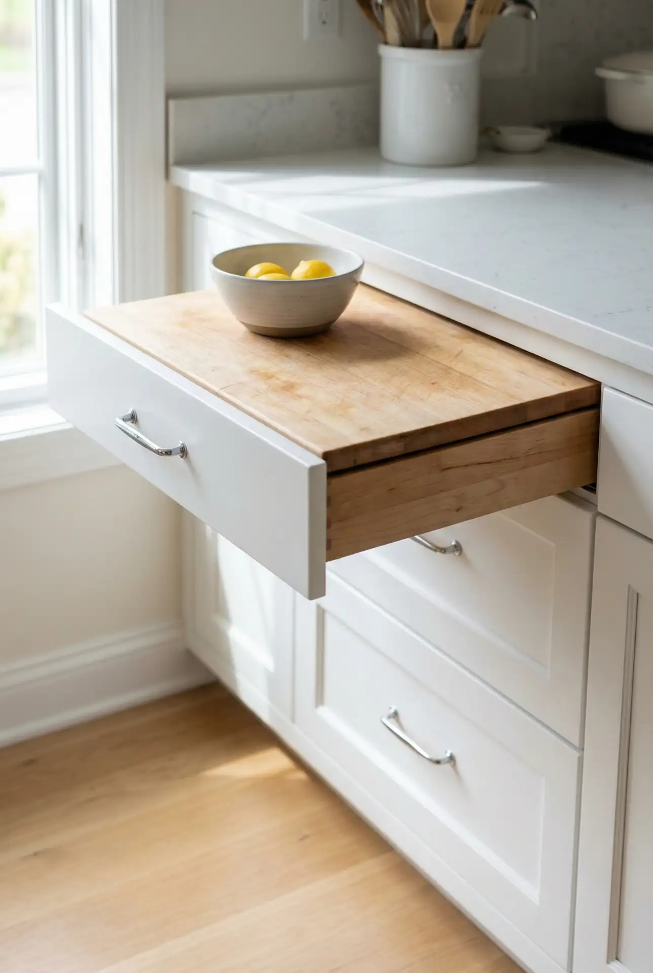 Pull-Out Cutting Board Storage Above Drawers 1