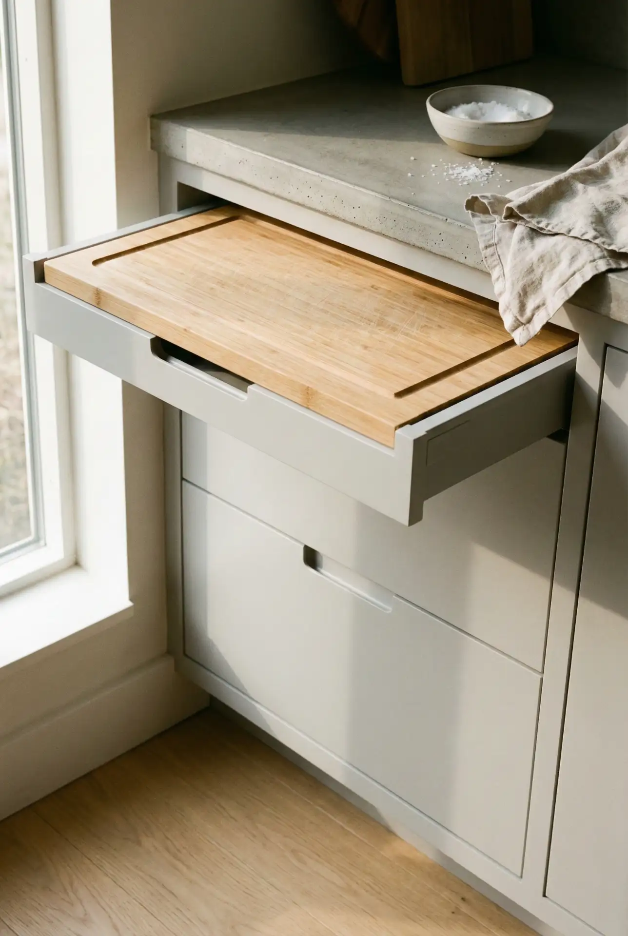 Pull-Out Cutting Board Storage Above Drawers 2