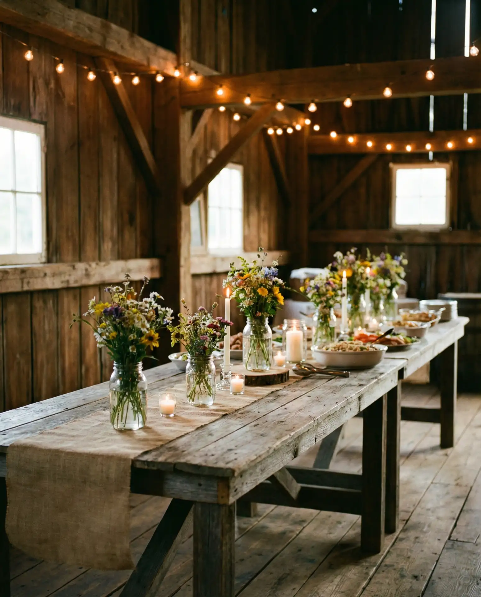 Rustic Barn Wedding Buffet with String Lights 1