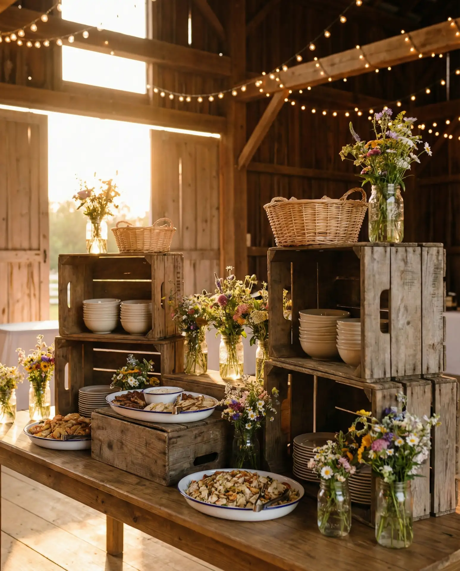 Rustic Barn Wedding Buffet with String Lights 2