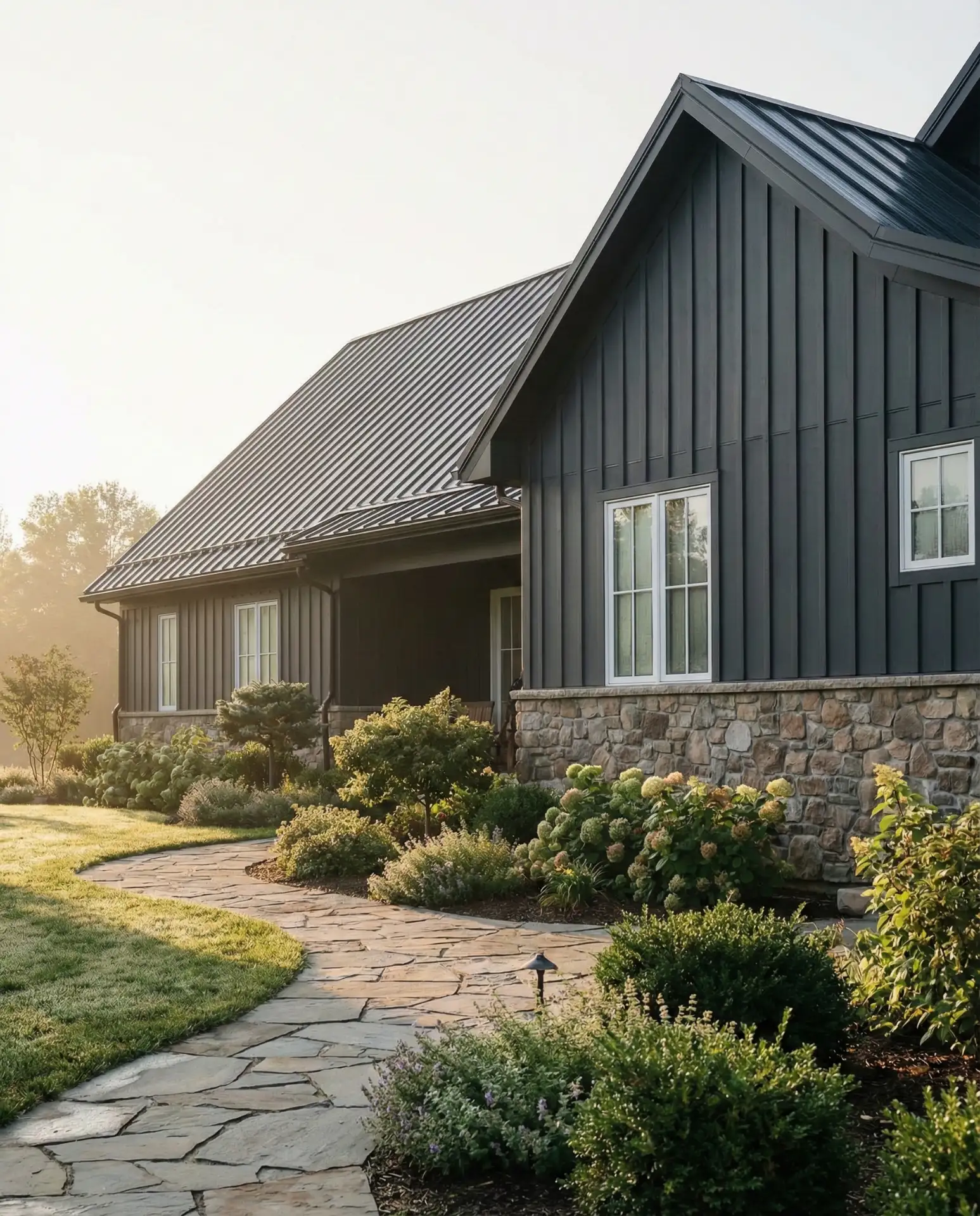 Slate Black with Natural Stone Veneer and White Windows 1