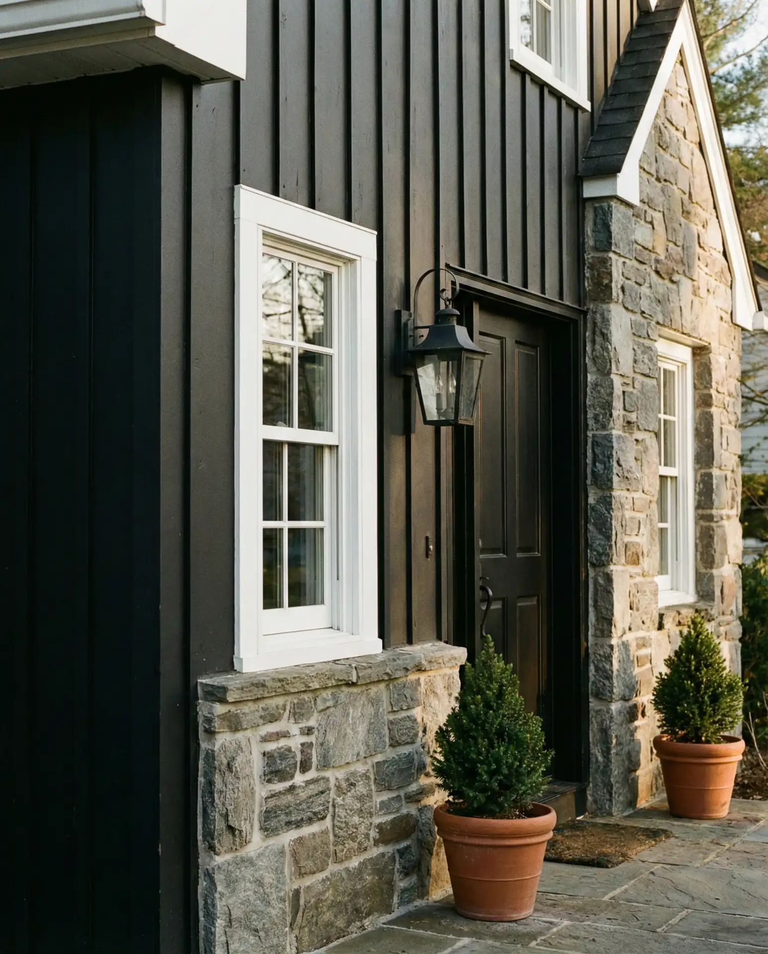 Slate Black with Natural Stone Veneer and White Windows 2