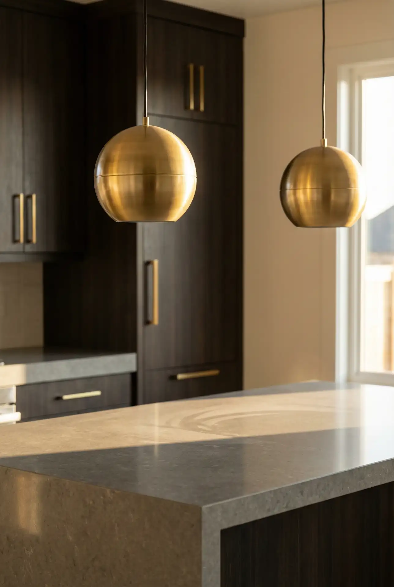 Sleek Brass Pendant Fixtures Over Island 2