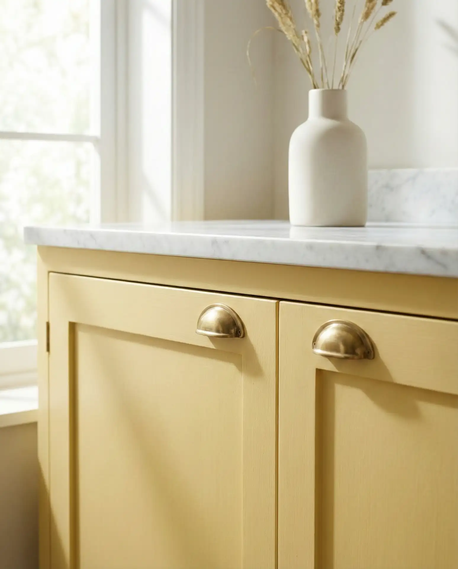 Soft Butter Cabinets with Marble Countertops 2