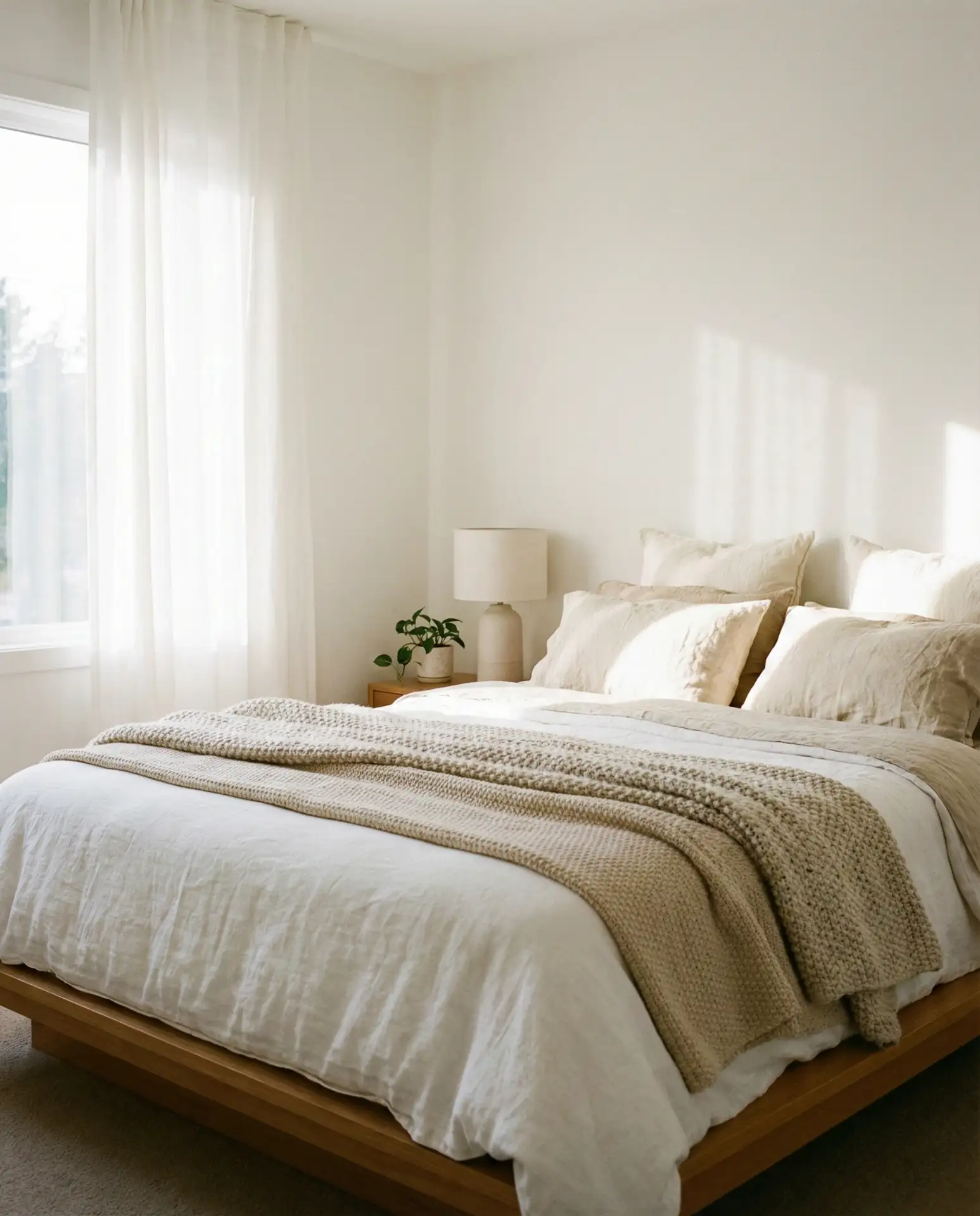 Soft White Walls with Layered Linen Bedding 1