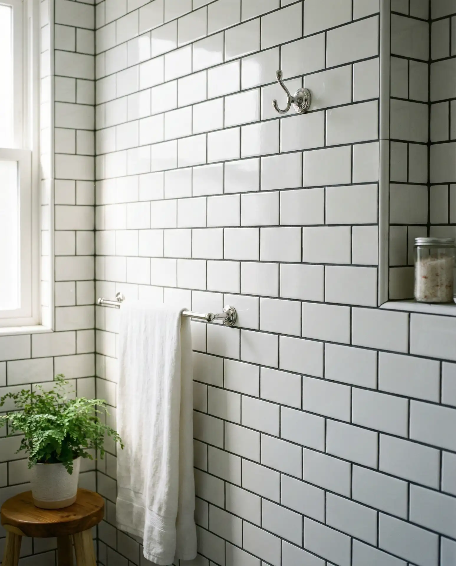 Timeless White Subway Tiles with Dark Grout 1