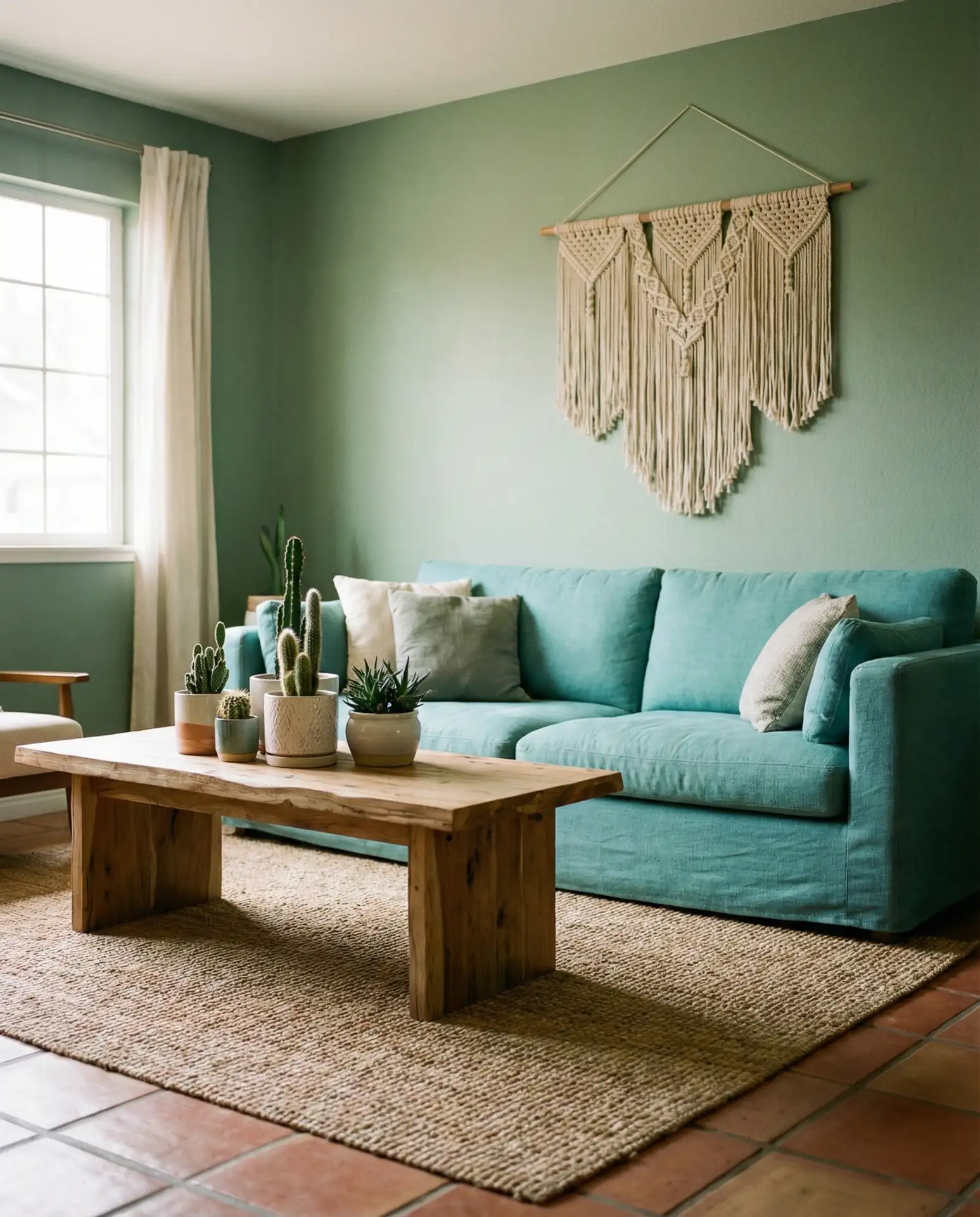 Turquoise Sofa with Sage Green Walls 1