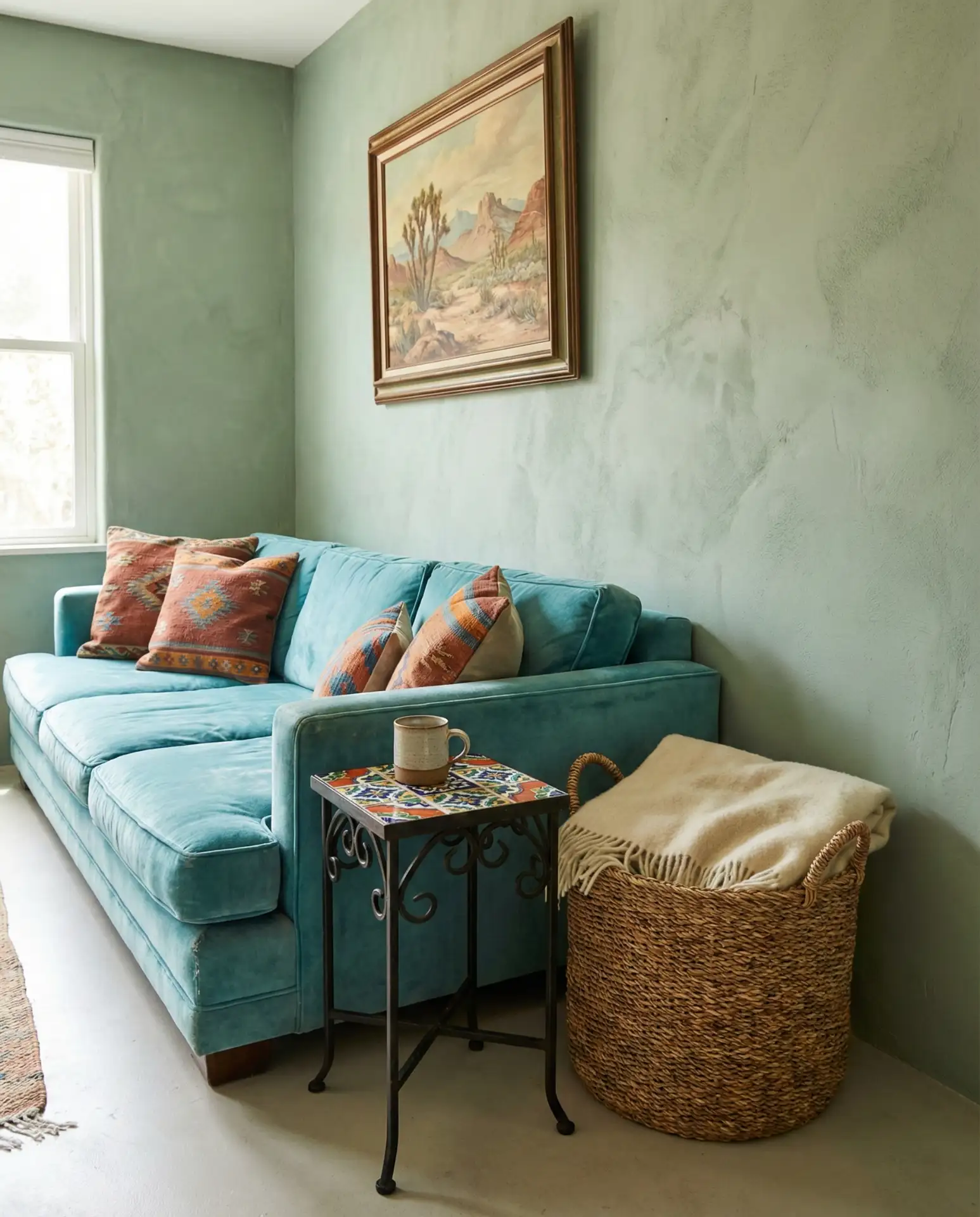 Turquoise Sofa with Sage Green Walls 2