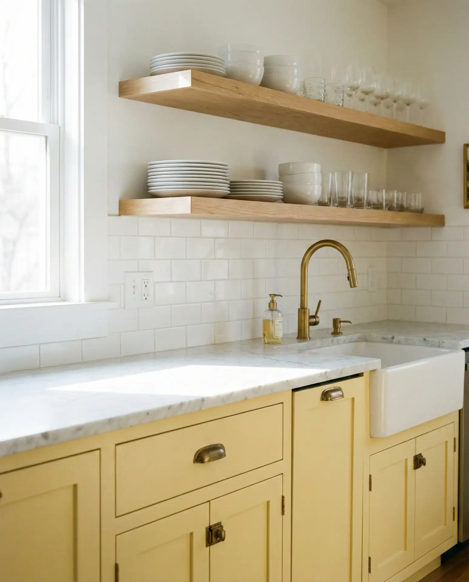 Yellow Lower Cabinets with Open Upper Shelving 1