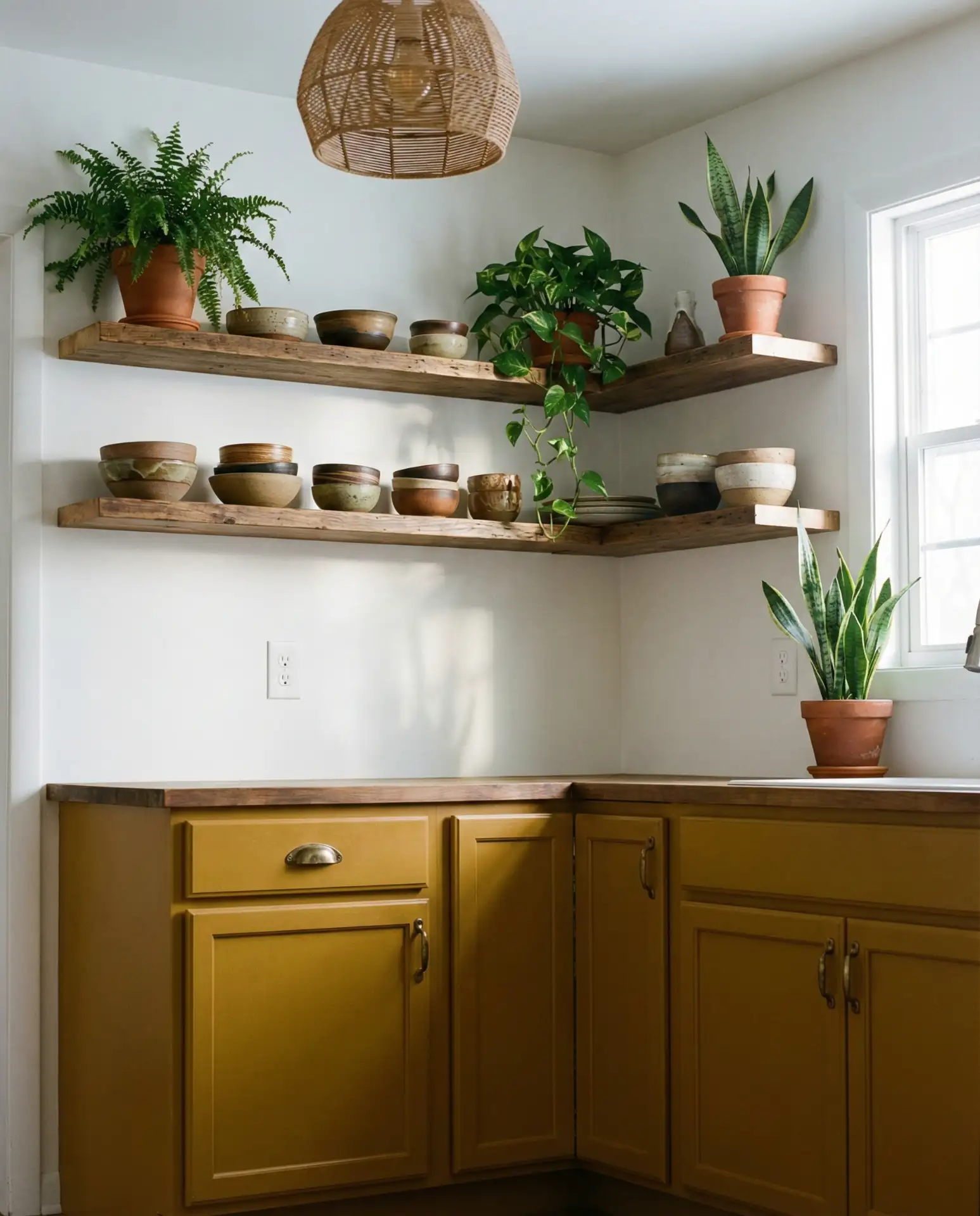 Yellow Lower Cabinets with Open Upper Shelving 2