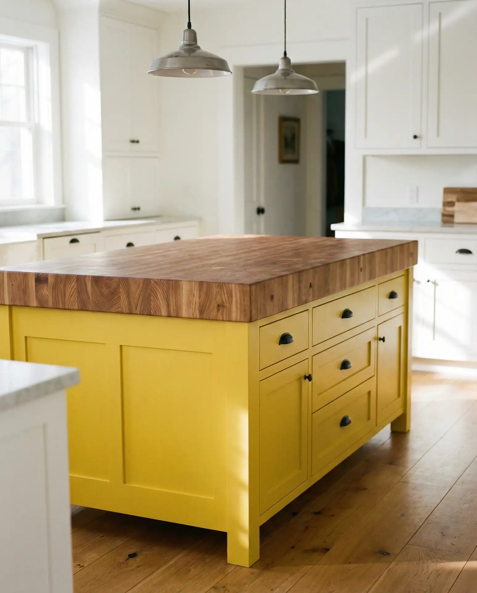 Yellow Painted Kitchen Island with Butcher Block 1