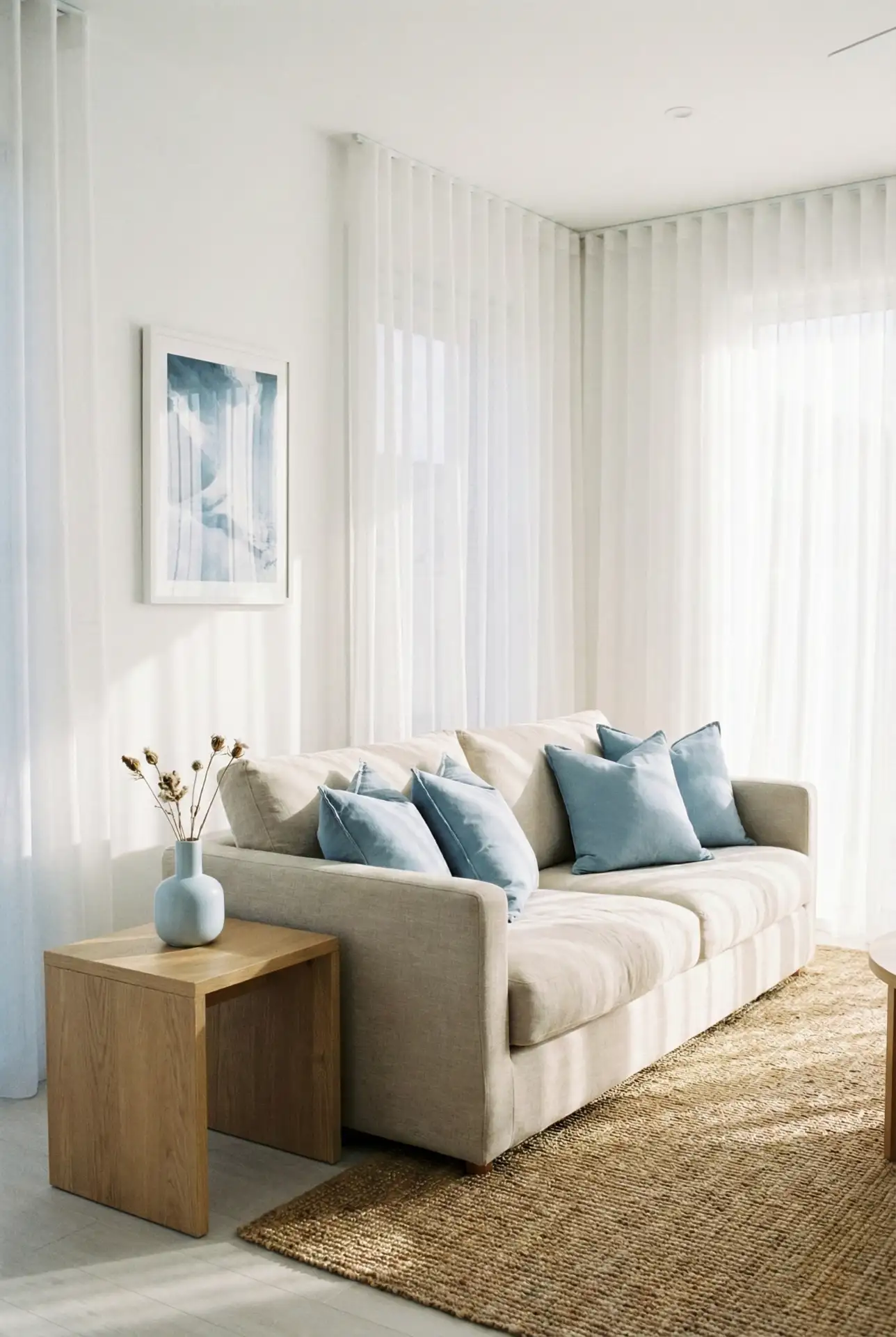 Beige Sofa with Cool Blue Tones 1