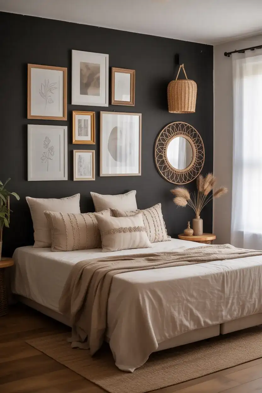 Black Accent Wall With Earthy Boho Gallery Art 1