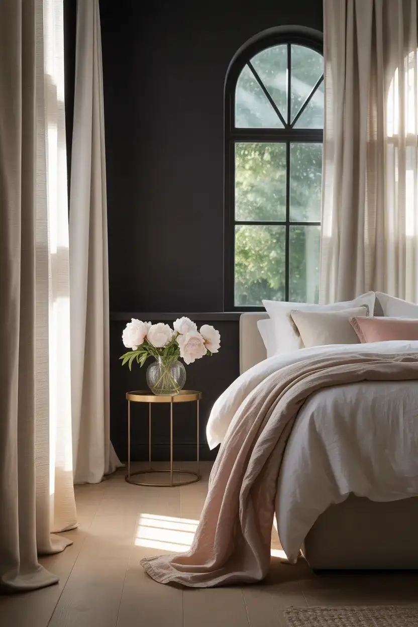 Black Accent Wall With Floor-Length Curtains 1