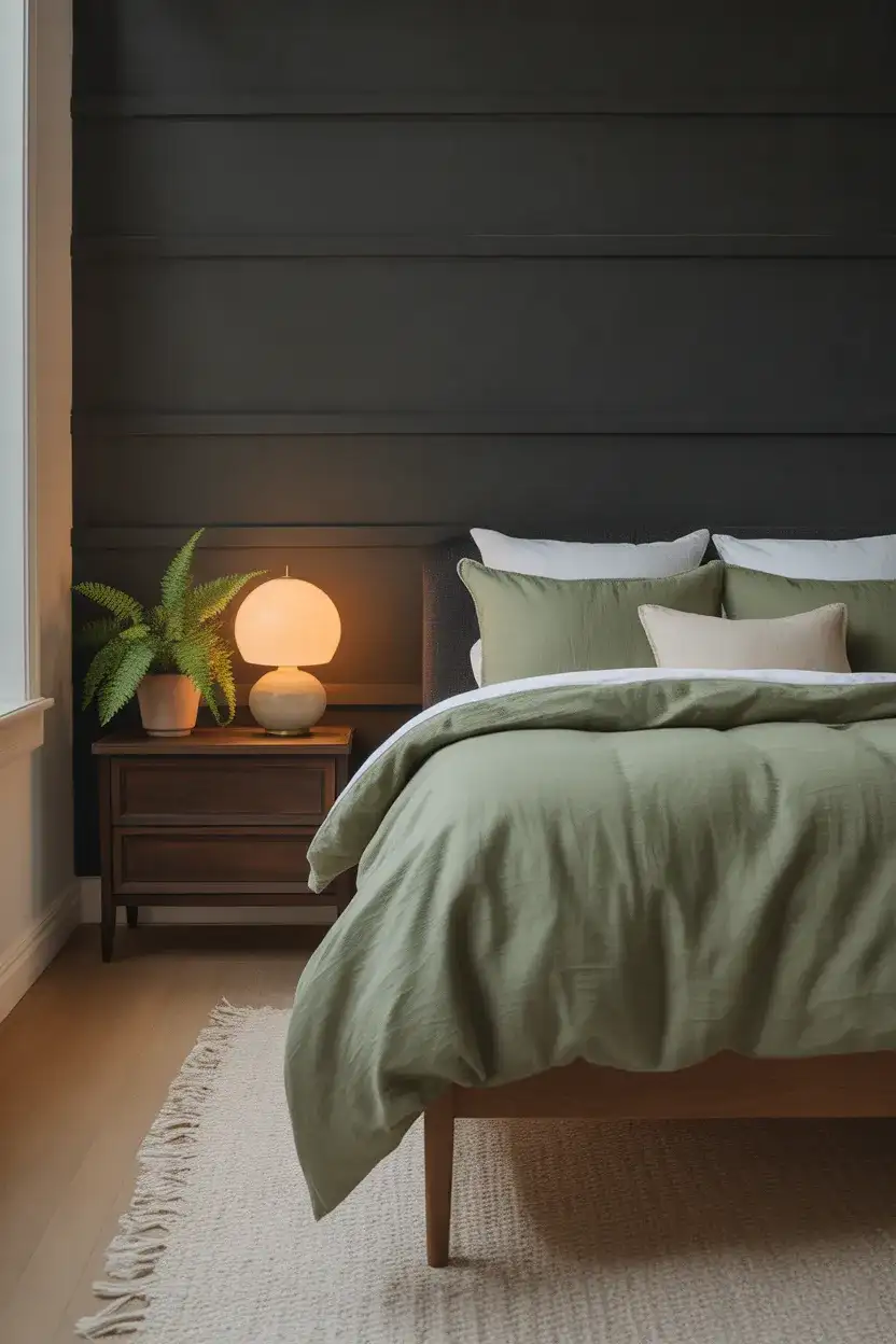 Black Accent Wall With Green Bedding 1